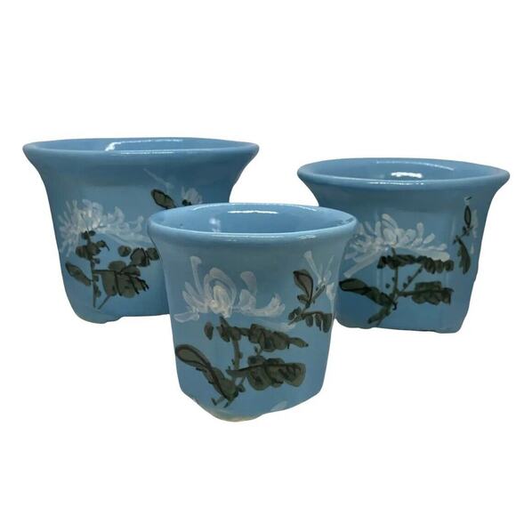 Mid 20th Century HandPainted French Blue Ceramic Planter Flower Pots Set of 3 - Picture 6 of 12